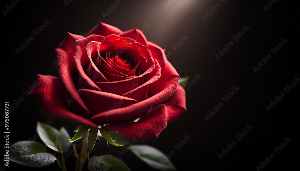 Fototapeta premium Red rose blooms elegantly in a soft spotlight against a black background, symbolizing love and passion. Perfect for romantic messages with copy space