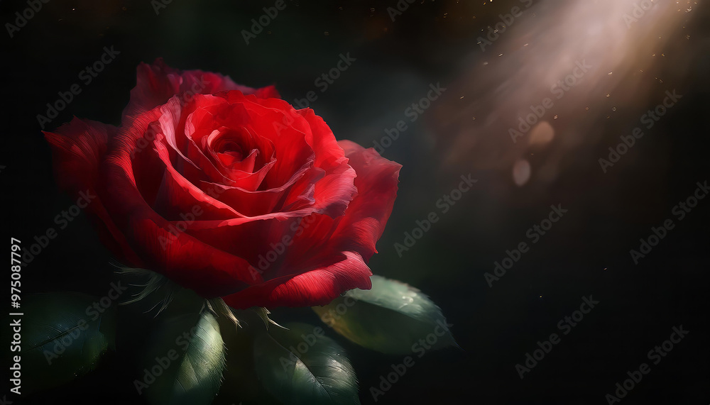 Single red rose with green leaves is blooming under a ray of light coming from the right side, leaving the background dark