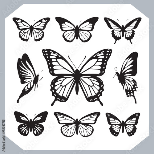 Butterfly silhouette icon, Silhouettes of butterflies. Black of funny butterflies. Insect butterfly black silhouette, Set of butterflies