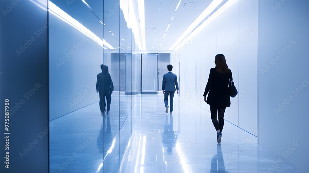Two Silhouettes Walking in a Modern Hallway with Reflective Walls Two Silhouettes Walking in a Modern Hallway with Reflective Walls