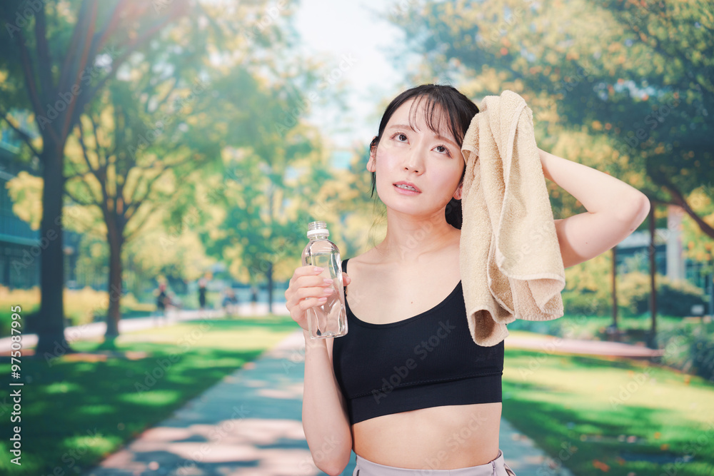 外でランニングをしながら水を飲む若い女性 外でランニングをしながら水を飲む若い女性