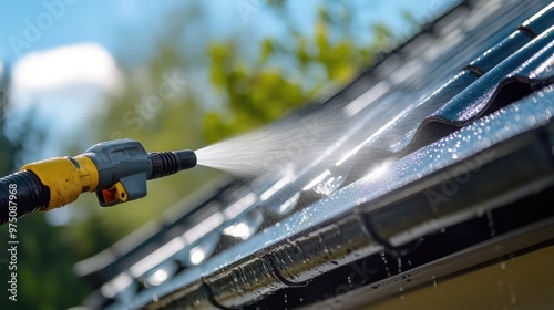 Gutter Cleaning with Pressure Washer. AI generated illustration photo