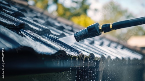 Gutter Cleaning with Pressure Washer. AI generated illustration photo