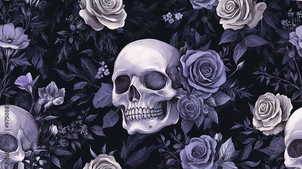 A Human Skull Surrounded by Roses and Foliage A Human Skull Surrounded by Roses and Foliage