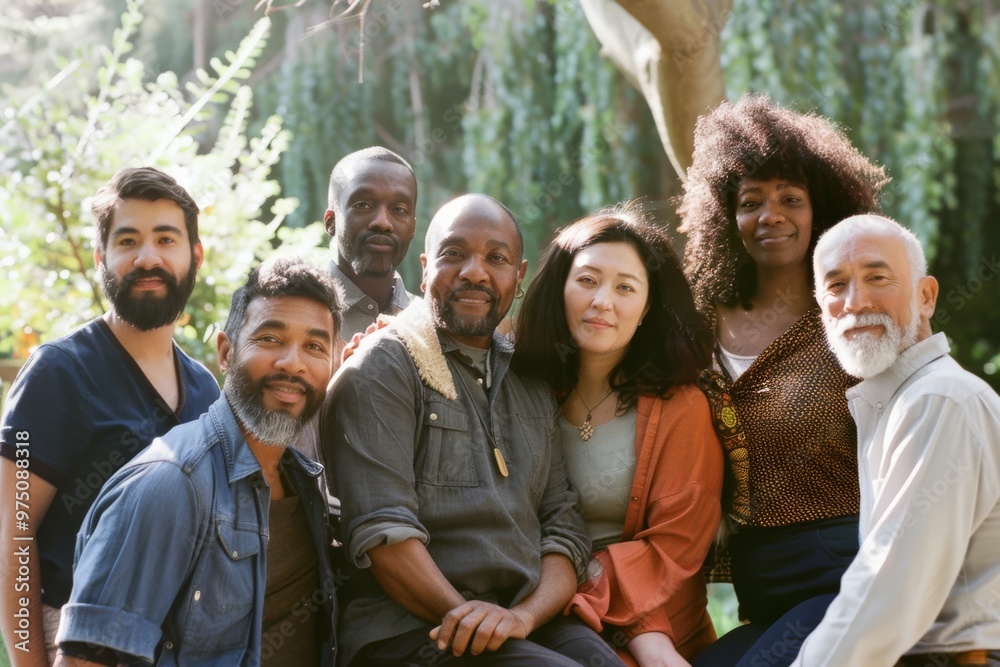 A diverse group of smiling individuals posing together outdoors, framed by lush greenery, exuding joy and camaraderie. A diverse group of smiling individuals posing together outdoors, framed by lush greenery, exuding joy and camaraderie.