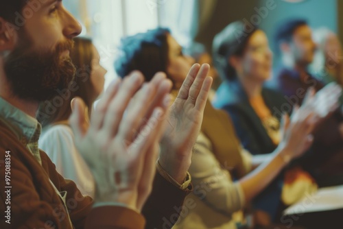 A close-up of a group of people attentively clapping during a formal indoor event, emphasizing engagement and appreciation. photo