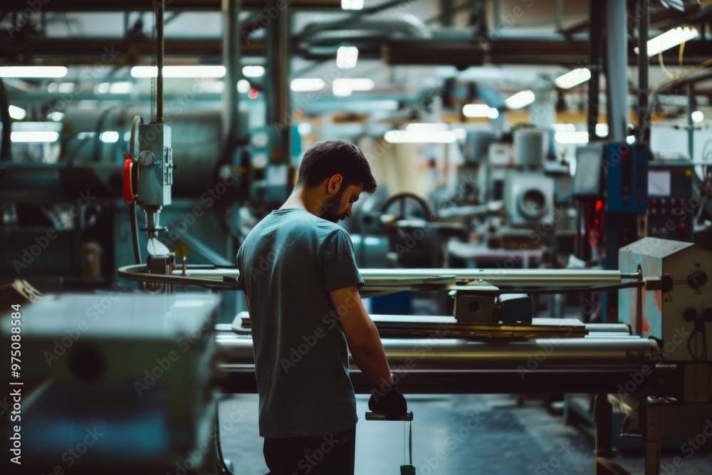 A man methodically working with machinery in a modern factory, symbolizing dedication and industrial innovation.
