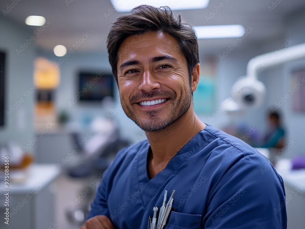 Dentist in blue scrubs smiles in hospital room Dentist in blue scrubs smiles in hospital room
