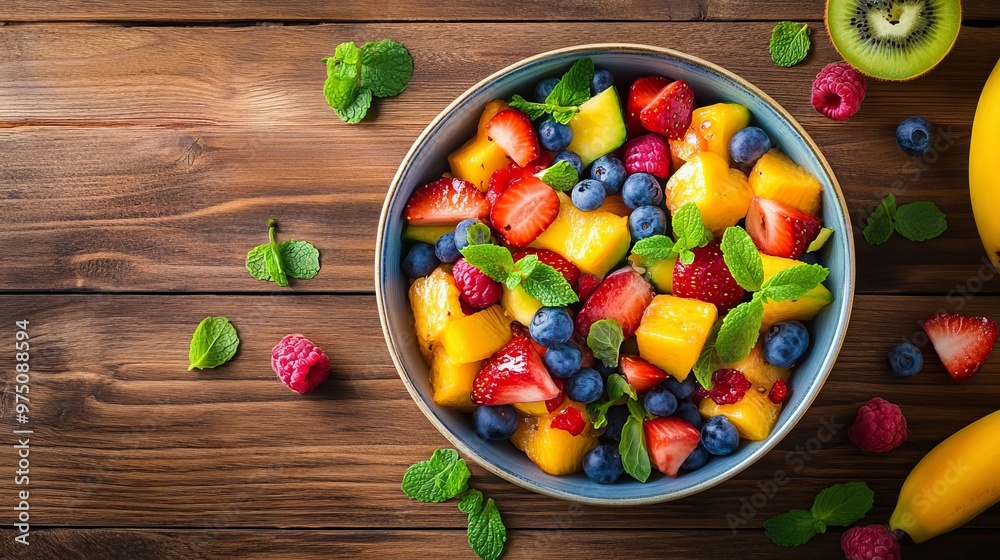 Delicious fruit salad in a bowl with ingredients arranged flat on a wooden table. Delicious fruit salad in a bowl with ingredients arranged flat on a wooden table.