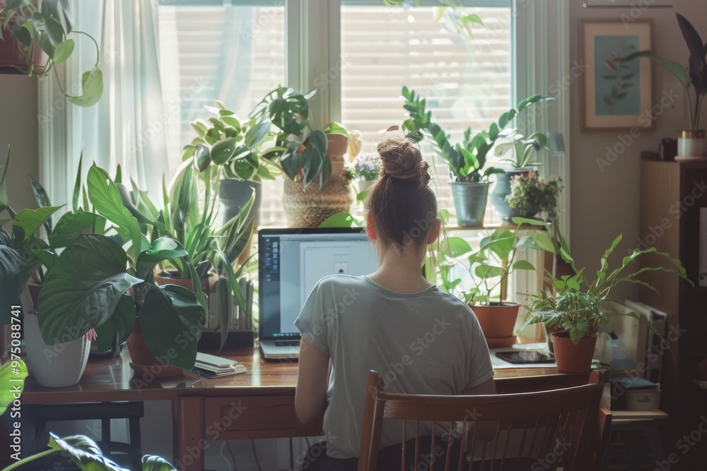 A person focuses on a laptop in a well-lit, plant-filled workspace, embodying productivity and a connection to nature in a modern home office. A person focuses on a laptop in a well-lit, plant-filled workspace, embodying productivity and a connection to nature in a modern home office.