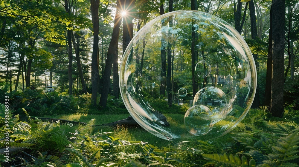 A massive green bubble surrounded by dense plant life and towering trees, illuminated by radiant sunlight filtering through the foliage A massive green bubble surrounded by dense plant life and towering trees, illuminated by radiant sunlight filtering through the foliage