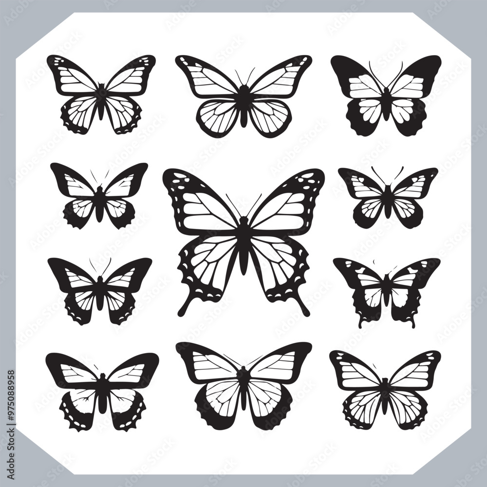 Butterfly silhouette icon, Silhouettes of butterflies. Black of funny butterflies. Insect butterfly black silhouette, Set of butterflies Butterfly silhouette icon, Silhouettes of butterflies. Black of funny butterflies. Insect butterfly black silhouette, Set of butterflies