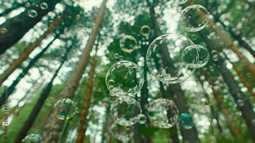   Soap bubbles float amidst trees in a leafy forest