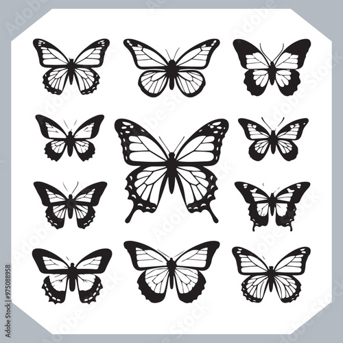 Butterfly silhouette icon, Silhouettes of butterflies. Black of funny butterflies. Insect butterfly black silhouette, Set of butterflies