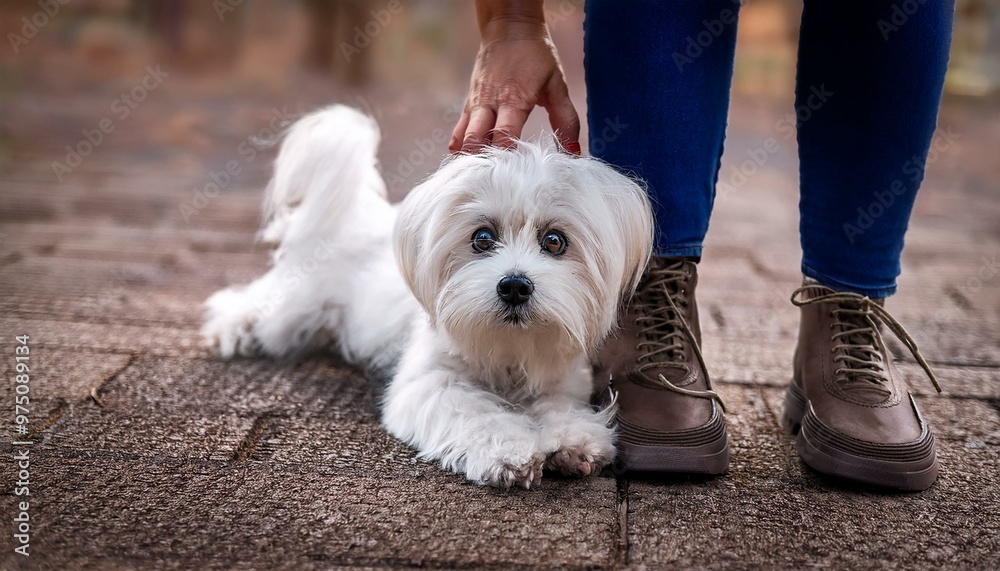 A young Maltese dog clings to his owner's leg with terrified eyes, in a close-up, realistic and beautiful photo. A young Maltese dog clings to his owner's leg with terrified eyes, in a close-up, realistic and beautiful photo.