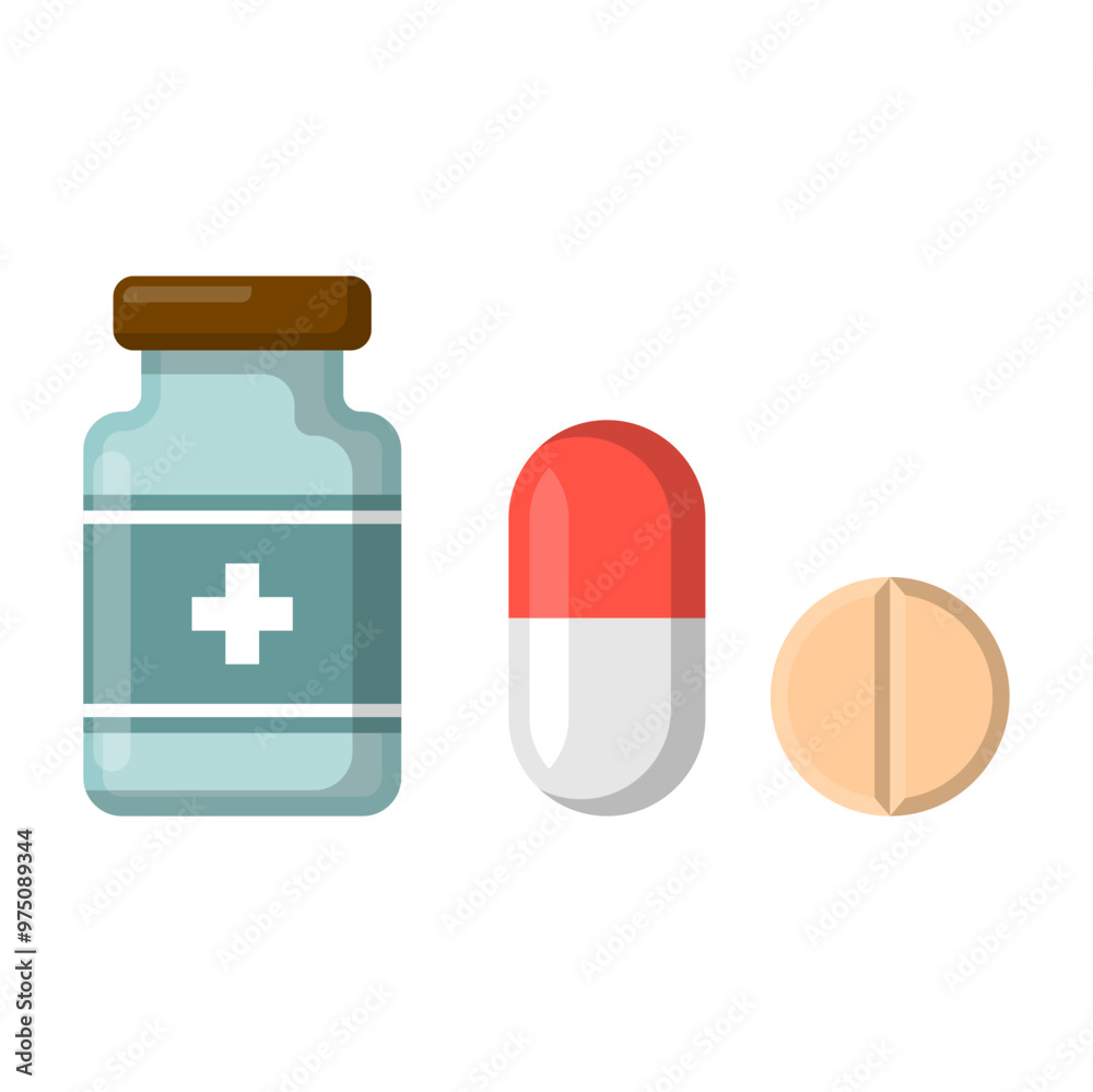 Collection of Medicine Icons in Flat Cartoon Style Featuring Pill Bottles, Capsule and Tablet Pills Isolated on White Background. Editable Vector Illustration for Design and Print Collection of Medicine Icons in Flat Cartoon Style Featuring Pill Bottles, Capsule and Tablet Pills Isolated on White Background. Editable Vector Illustration for Design and Print