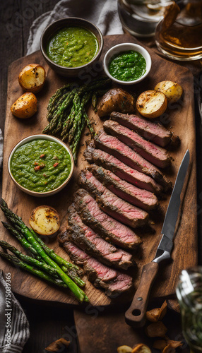Sliced grilled steak served with asparagus, potatoes, and two types of sauce on a wooden board.

 photo