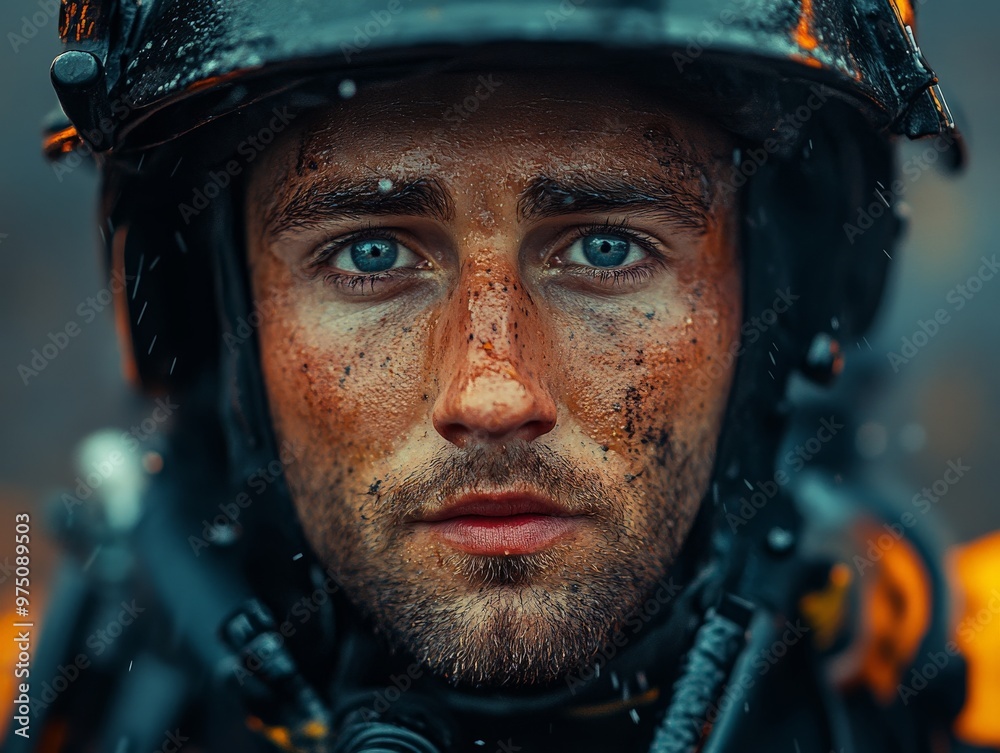 Man in helmet and goggles stands before a fire. Man in helmet and goggles stands before a fire.