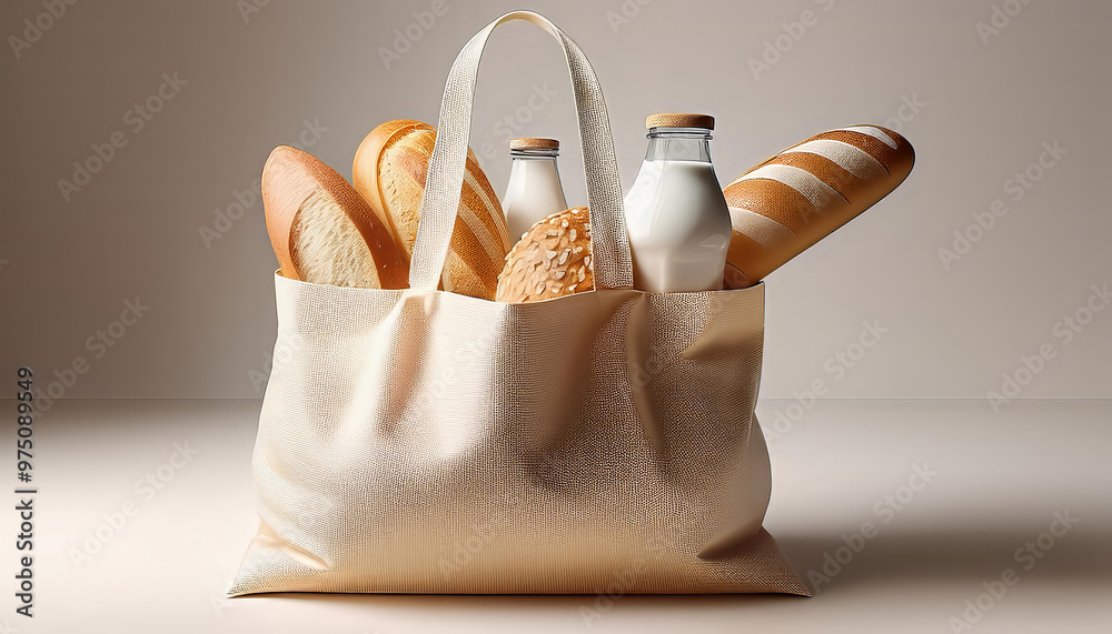 custom made wallpaper toronto digitalReusable shopping bag overflowing with fresh bread and bottles of milk is standing on a neutral background