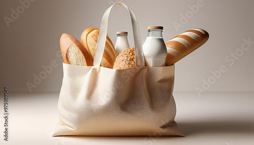 Reusable shopping bag overflowing with fresh bread and bottles of milk is standing on a neutral background
