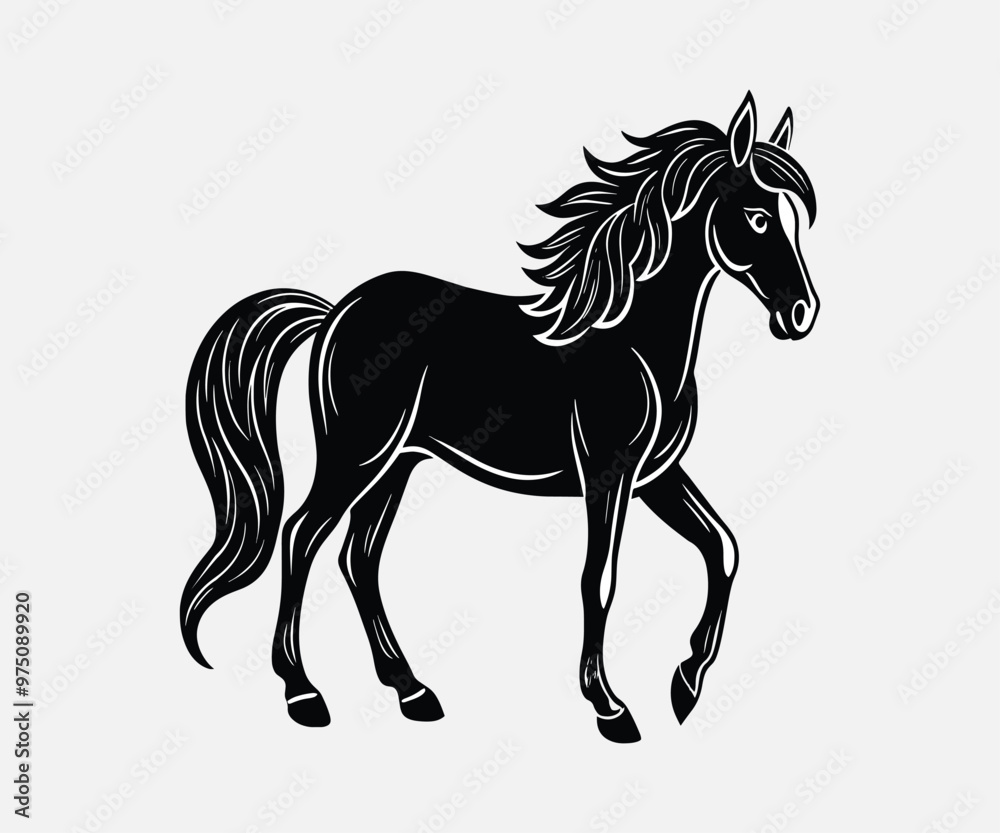 Obraz premium Linocut silhouette of a horse in vector art