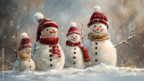 cute watercolor art of christmas snowmans family , oil paint of snowman wearing red christmas caps and scarfs in necks, merry christmas, happy new year eve, snowfall
