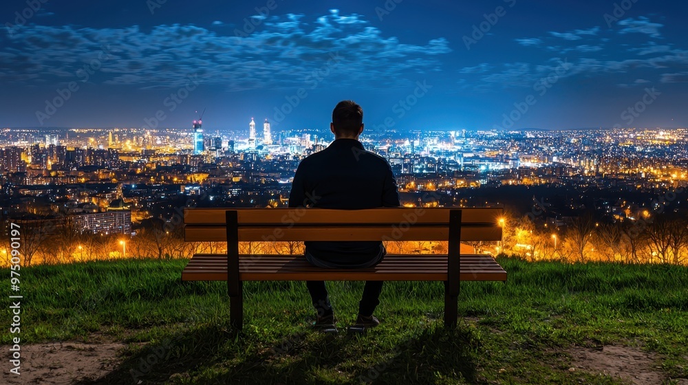 Urban Explorer Resting on Park Bench with City Lights in Background, Space for Text. Urban Explorer Resting on Park Bench with City Lights in Background, Space for Text.