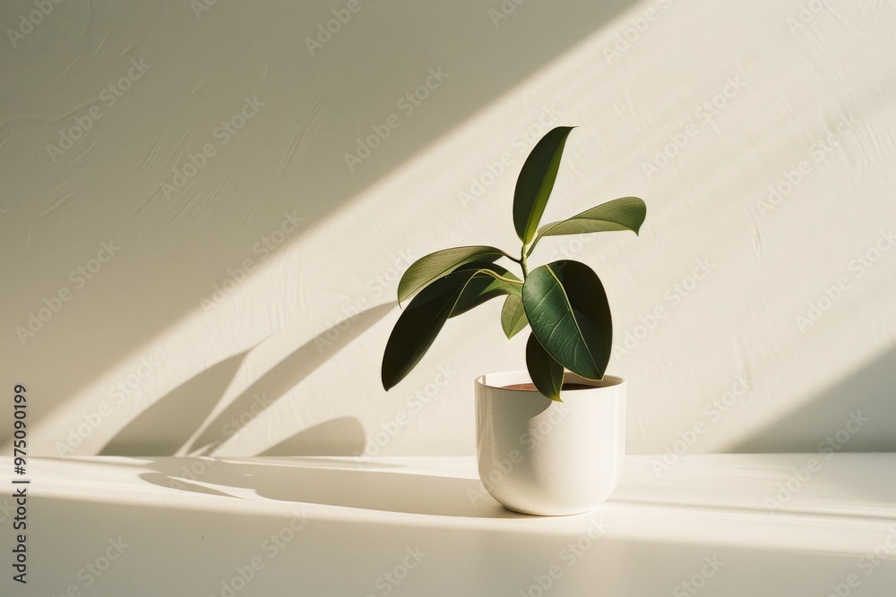 A small potted plant with green leaves catching sunlight on a white surface, casting gentle shadows. A small potted plant with green leaves catching sunlight on a white surface, casting gentle shadows.