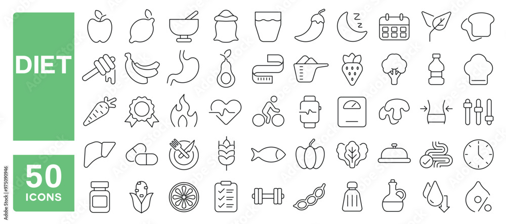 Set of 50 line icons related to diet, nutrition, protein, balanced, fruits, vegetables, free, healthy, fat, carbohydrates, weight loss, Editable stroke. Vector illustration Set of 50 line icons related to diet, nutrition, protein, balanced, fruits, vegetables, free, healthy, fat, carbohydrates, weight loss, Editable stroke. Vector illustration