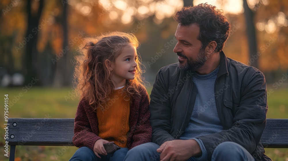 Father and Daughter Sharing a Moment on a Bench in Autumn Father and Daughter Sharing a Moment on a Bench in Autumn
