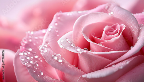 Beautiful pink rose is blooming with water droplets on petals, a symbol of love and beauty