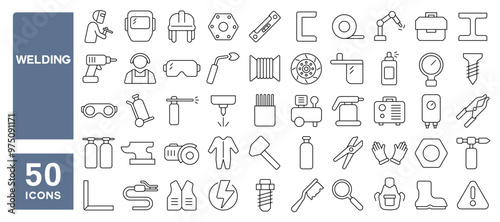 Set of 50 line icons related to welding, metal, steel, beam, rod, armature, sparkle, mask, pliers, wire, welder, iron, helmet, Editable stroke. Vector illustration