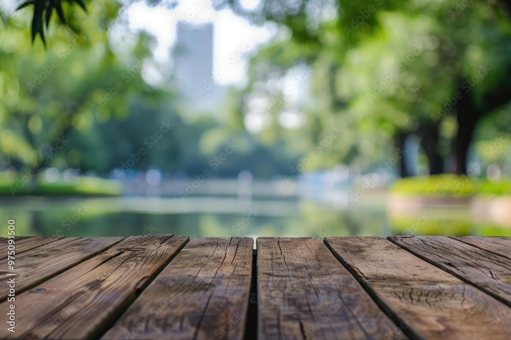 Empty wooden table with blurred city park on background Empty wooden table with blurred city park on background