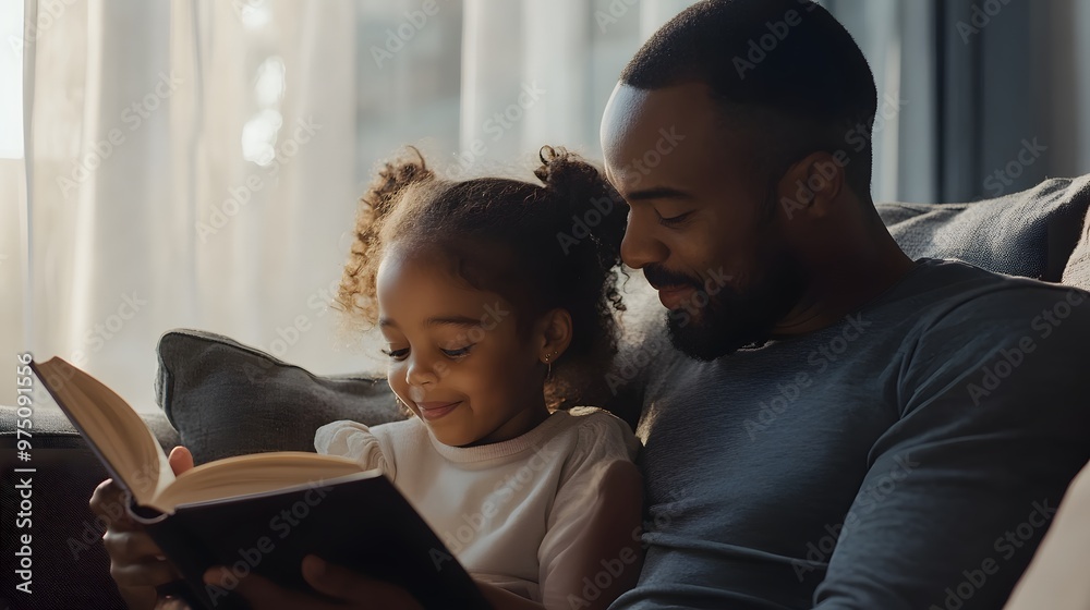 Father and Daughter Reading a Book Together on a Couch Father and Daughter Reading a Book Together on a Couch