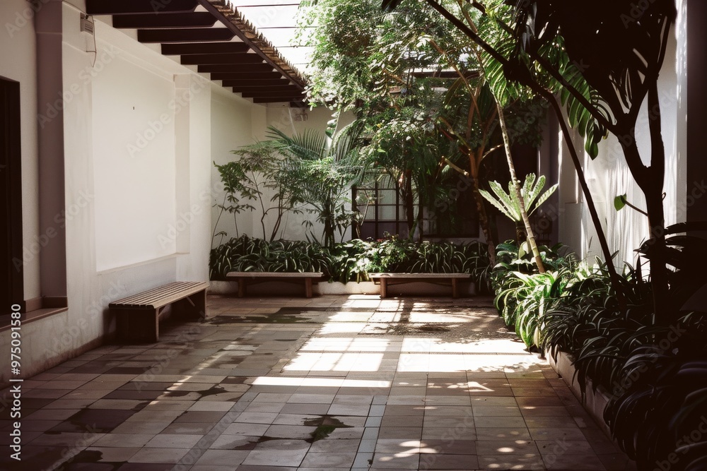 A courtyard adorned with green foliage and tiles, basking in dappled sunlight filtering through an overhead trellis, blending architecture with nature. A courtyard adorned with green foliage and tiles, basking in dappled sunlight filtering through an overhead trellis, blending architecture with nature.