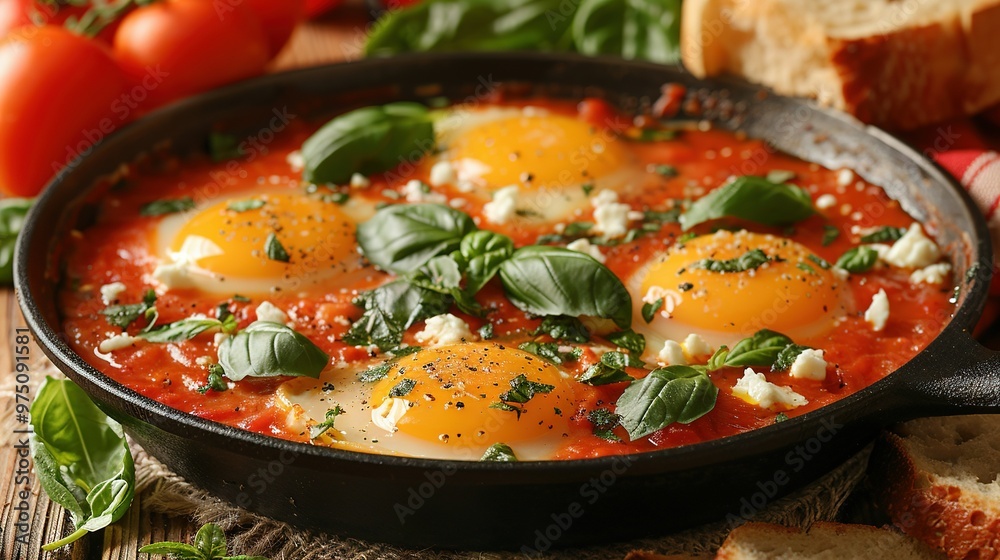A close-up of a pan with eggs over tomato sauce on a wooden table A close-up of a pan with eggs over tomato sauce on a wooden table