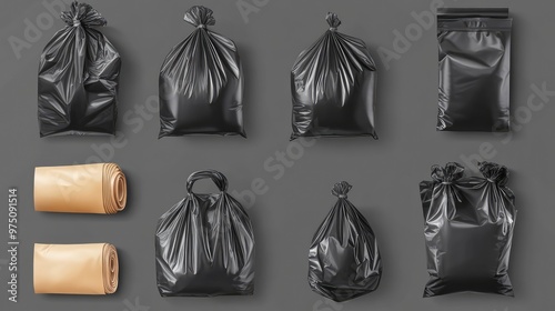 Plastic Garbage Bags Set. AI generated illustration photo