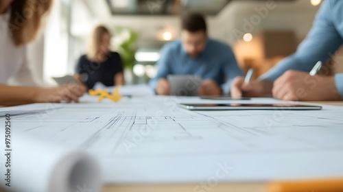 A Close-Up View of a Table with Architectural Blueprints and Blurred People Working