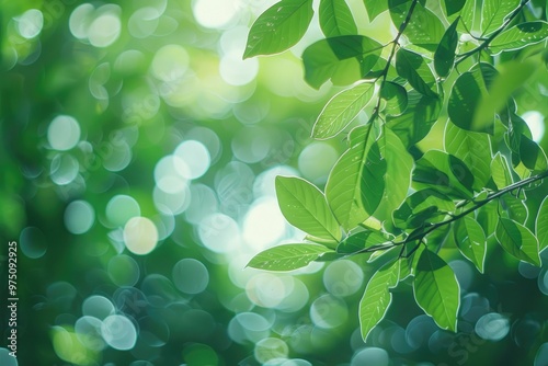 Green leaves blur and blurred light bokeh. Abstract background and beautiful backdrop.