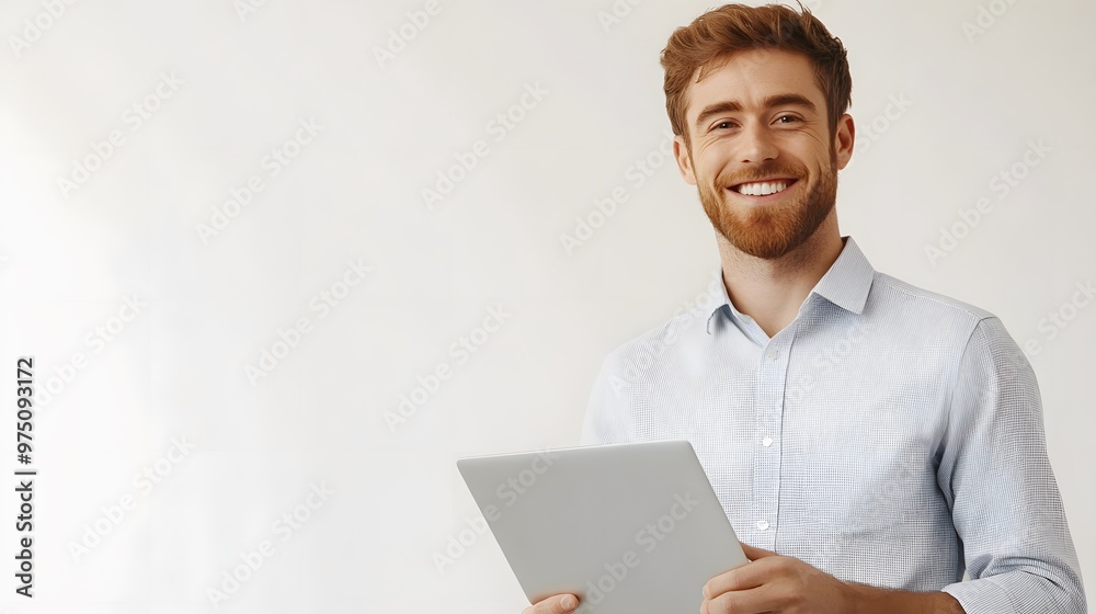 Smiling Man Holding a Tablet Device Smiling Man Holding a Tablet Device