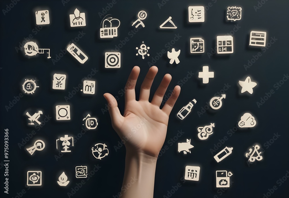 A hand reaching towards various digital icons and symbols on a dark background A hand reaching towards various digital icons and symbols on a dark background