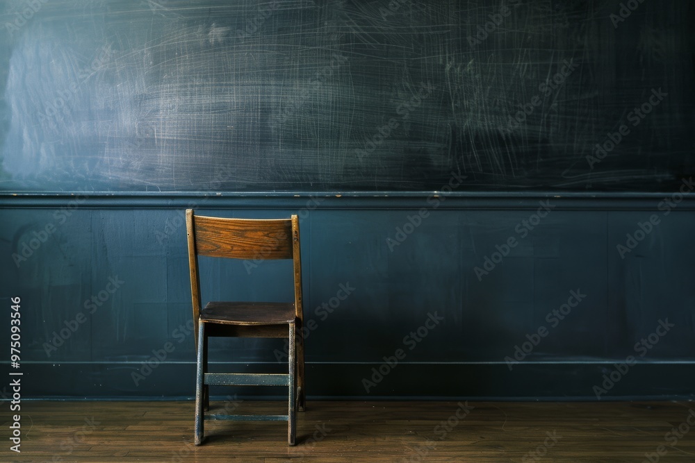 An empty, rustic wooden chair stands in front of a well-used, scratched chalkboard in a dimly lit classroom. An empty, rustic wooden chair stands in front of a well-used, scratched chalkboard in a dimly lit classroom.