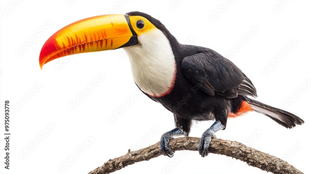 Colorful Toucan Bird Perched on Branch Isolated on White Background Colorful Toucan Bird Perched on Branch Isolated on White Background