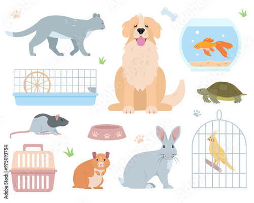 Set of happy pets and pets equipment. Dog, cat, rabbit, turtle, rat, hamster, goldfish and parrot icons. House domestic animals. Vector icons illustration isolated on white background.