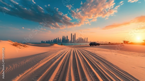 Dubai Skyline and Desert Safari. AI generated illustration photo