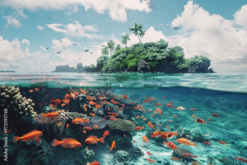 A captivating underwater shot showing a vibrant coral reef with an overlying view of a tropical island, emphasizing the allure of marine biodiversity. photo