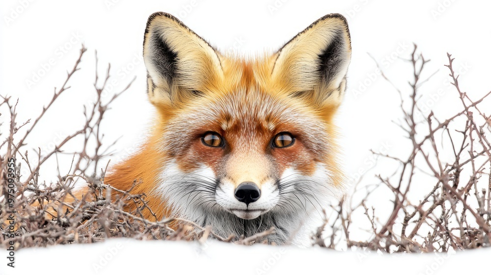 Red Fox Peeking Through Branches in Winter Red Fox Peeking Through Branches in Winter