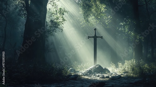 Excalibur in Dark Forest. AI generated illustration photo