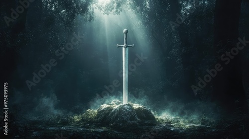 Excalibur in Dark Forest. AI generated illustration photo