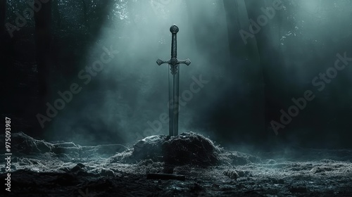 Excalibur in Dark Forest. AI generated illustration photo